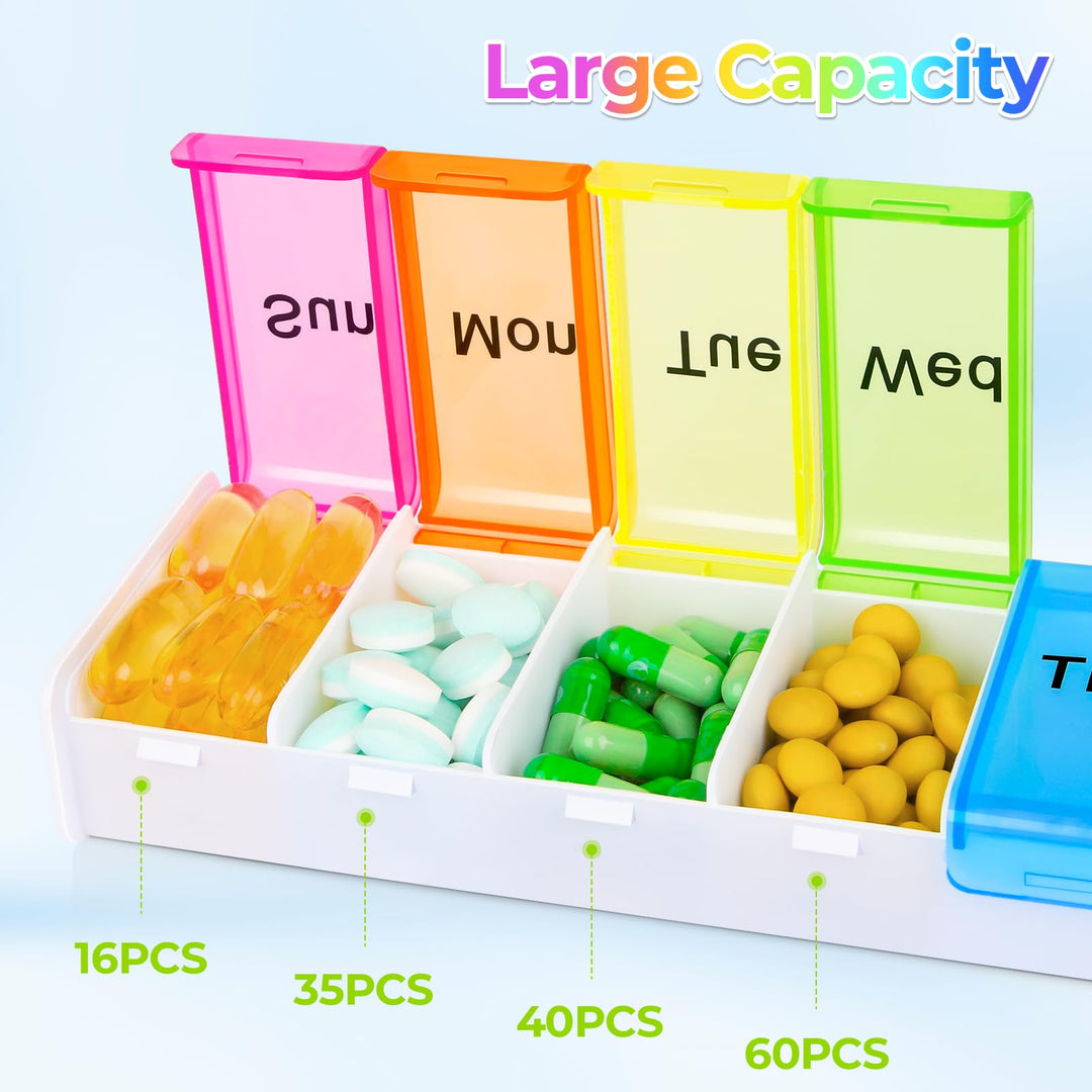 Alyvisun Pill Box 7 Day 1 Times a Day, Travel Daily Pill Box Organiser 7 Day, Weekly Tablet Organiser, Large Pillbox Tablet Box Portable Pill Case Tablet Dispenser for Travel Work, White