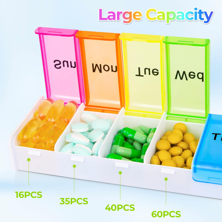 Alyvisun Pill Box 7 Day 1 Times a Day, Travel Daily Pill Box Organiser 7 Day, Weekly Tablet Organiser, Large Pillbox Tablet Box Portable Pill Case Tablet Dispenser for Travel Work, White