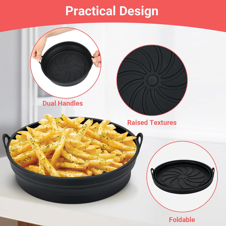 Alyvisun Air Fryer Silicone Liners 2PCS Reusable Airfryer Accessories Basket Foldable Baking Tray Inserts Versatile Round Rack Pot for Microwave, Oven, Black