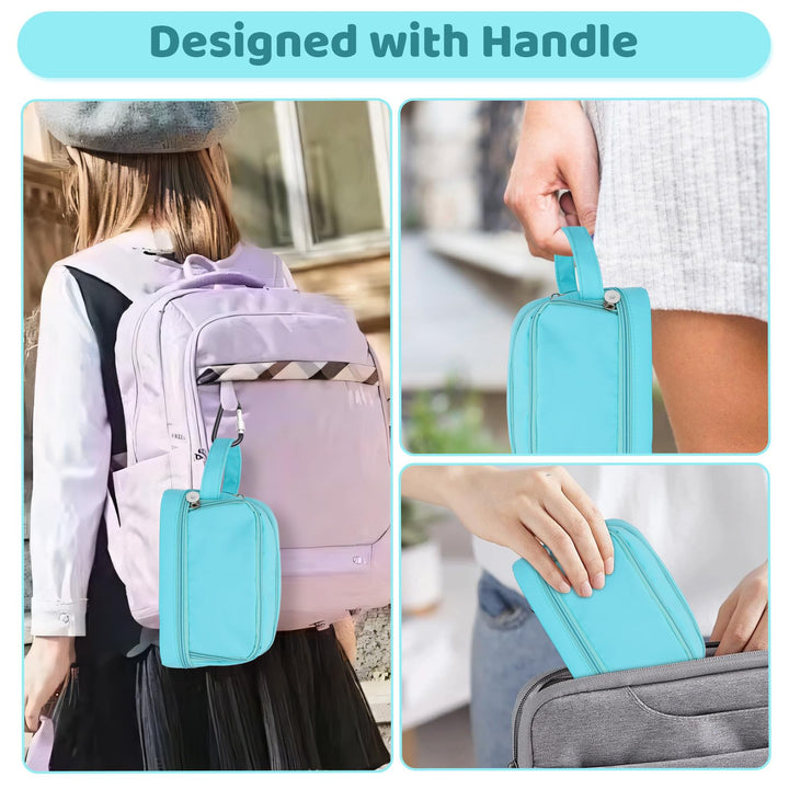 Alyvisun Large Capacity Pencil Case with 3 Compartments for Boys Girls, Desk Stationery Organizer Pencil Pouch with Handle, Portable Pencil Case for School Office Supplies (Blue)