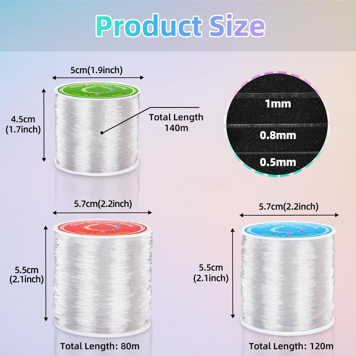 Alyvisun 3 Pcs Clear Elastic for Bracelet Making, (0.5mm, 0.8mm & 1mm) Elastic Thread for Bracelets, Bracelet Elastic String For DIY Bracelets, Necklace, Beading, Jewelry Making