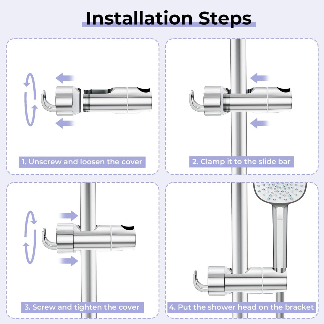 Alyvisun Adjustable Shower Head Holder with 2 Hooks, Universal Shower Holder Bracket for 16-27mm Slide Rod, Chrome Plated Shower Slider Rail Clamp Shower Holder Replacement, Easy Installation