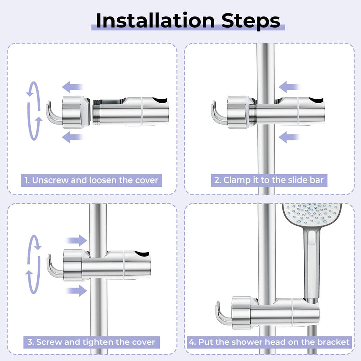 Alyvisun Adjustable Shower Head Holder with 2 Hooks, Universal Shower Holder Bracket for 16-27mm Slide Rod, Chrome Plated Shower Slider Rail Clamp Shower Holder Replacement, Easy Installation