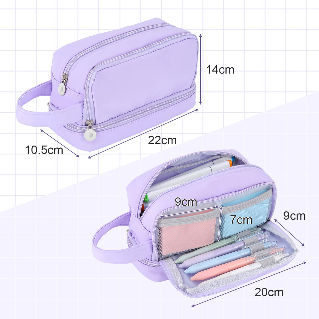Alyvisun Large Capacity Pencil Case with 3 Compartments for Boys Girls, Desk Stationery Organizer Pencil Pouch with Handle, Portable Pencil Case for School Office Supplies (Purple)