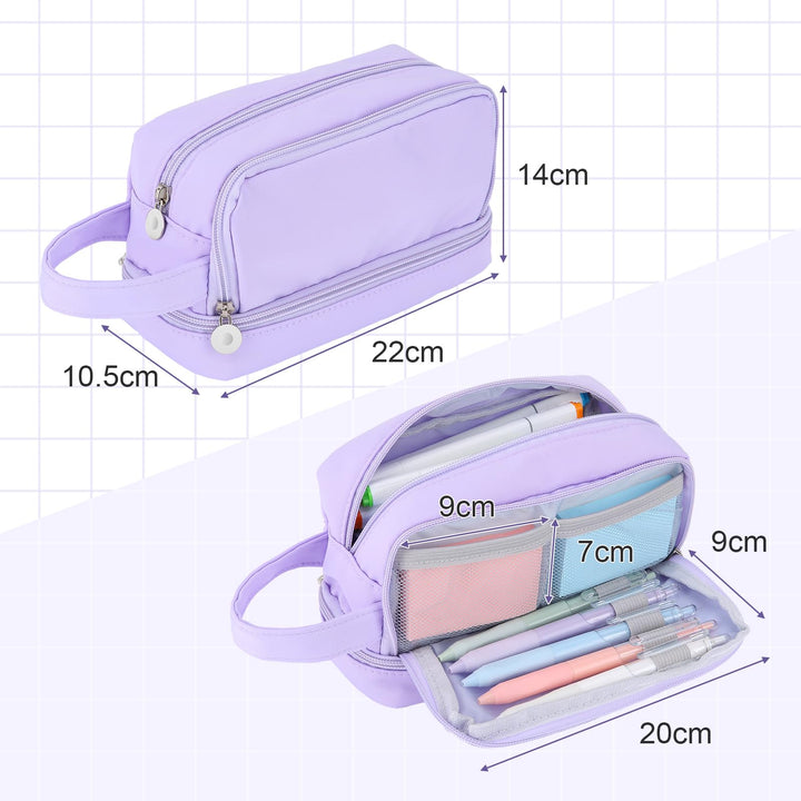 Alyvisun Large Capacity Pencil Case with 3 Compartments for Boys Girls, Desk Stationery Organizer Pencil Pouch with Handle, Portable Pencil Case for School Office Supplies (Purple)