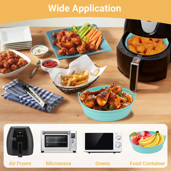 Alyvisun Air Fryer Silicone Liners 2PCS Reusable Airfryer Accessories Basket Foldable Baking Tray Inserts Versatile Round Rack Pot for Microwave, Oven, Blue
