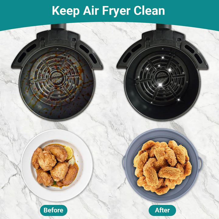 Alyvisun Air Fryer Silicone Liners 2PCS Reusable Airfryer Accessories Basket Foldable Baking Tray Inserts Versatile Round Rack Pot for Microwave, Oven (Grey)