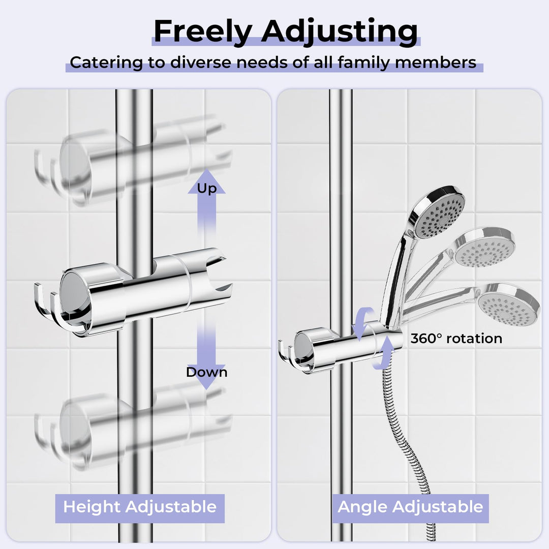 Alyvisun Adjustable Shower Head Holder with 2 Hooks, Universal Shower Holder Bracket for 16-27mm Slide Rod, Chrome Plated Shower Slider Rail Clamp Shower Holder Replacement, Easy Installation