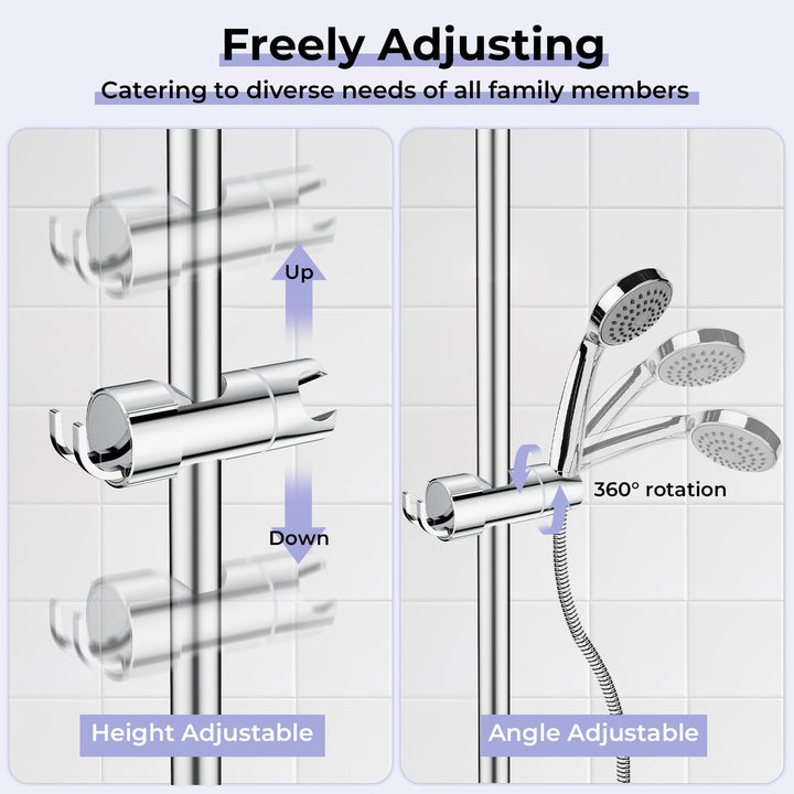 Alyvisun Adjustable Shower Head Holder with 2 Hooks, Universal Shower Holder Bracket for 16-27mm Slide Rod, Chrome Plated Shower Slider Rail Clamp Shower Holder Replacement, Easy Installation