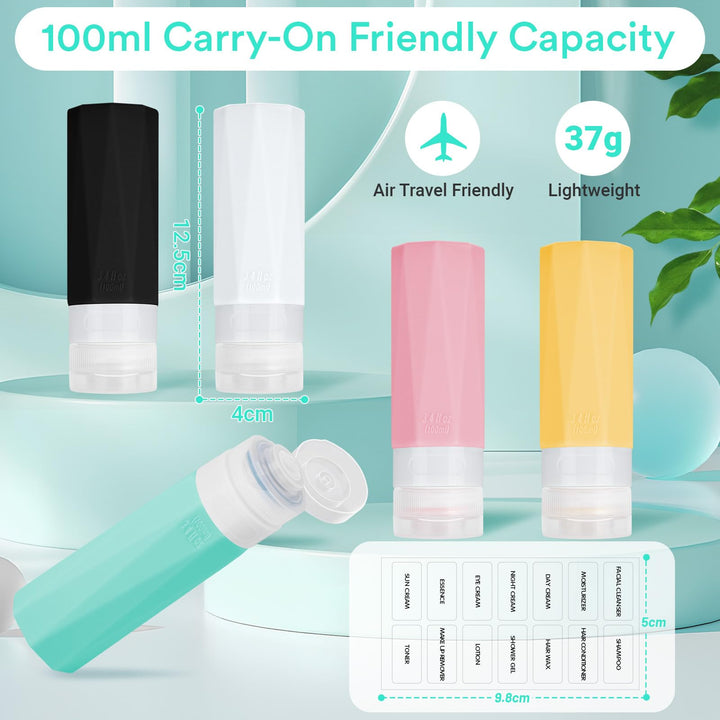 Alyvisun Travel Bottles for Toiletries 100ml, 5 Pack Silicone Refillable Travel Containers, Squeezable Toiletry Bottles with Storage Bag, for Shampoo, Lotion, Soap