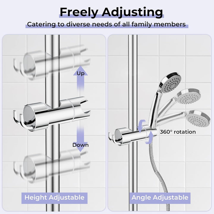Alyvisun Shower Head Holder with 2 Hooks, Adjustable Shower Holder Bracket for 16-27mm Slide Rod, Universal Chrome Plated Shower Head Holder Replacement with Easy Installation