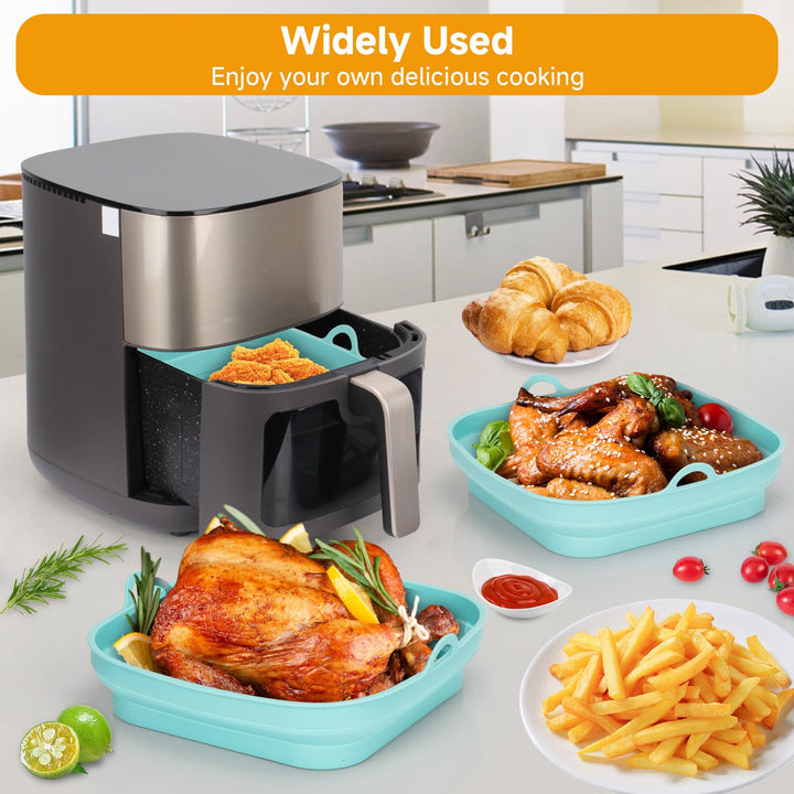 Alyvisun Air Fryer Liners 3PCS Reusable Silicone Tray Foldable Kitchen Basket Versatile Square Baking Pot Accessories for Airfryer, Microwave, Oven, Blue