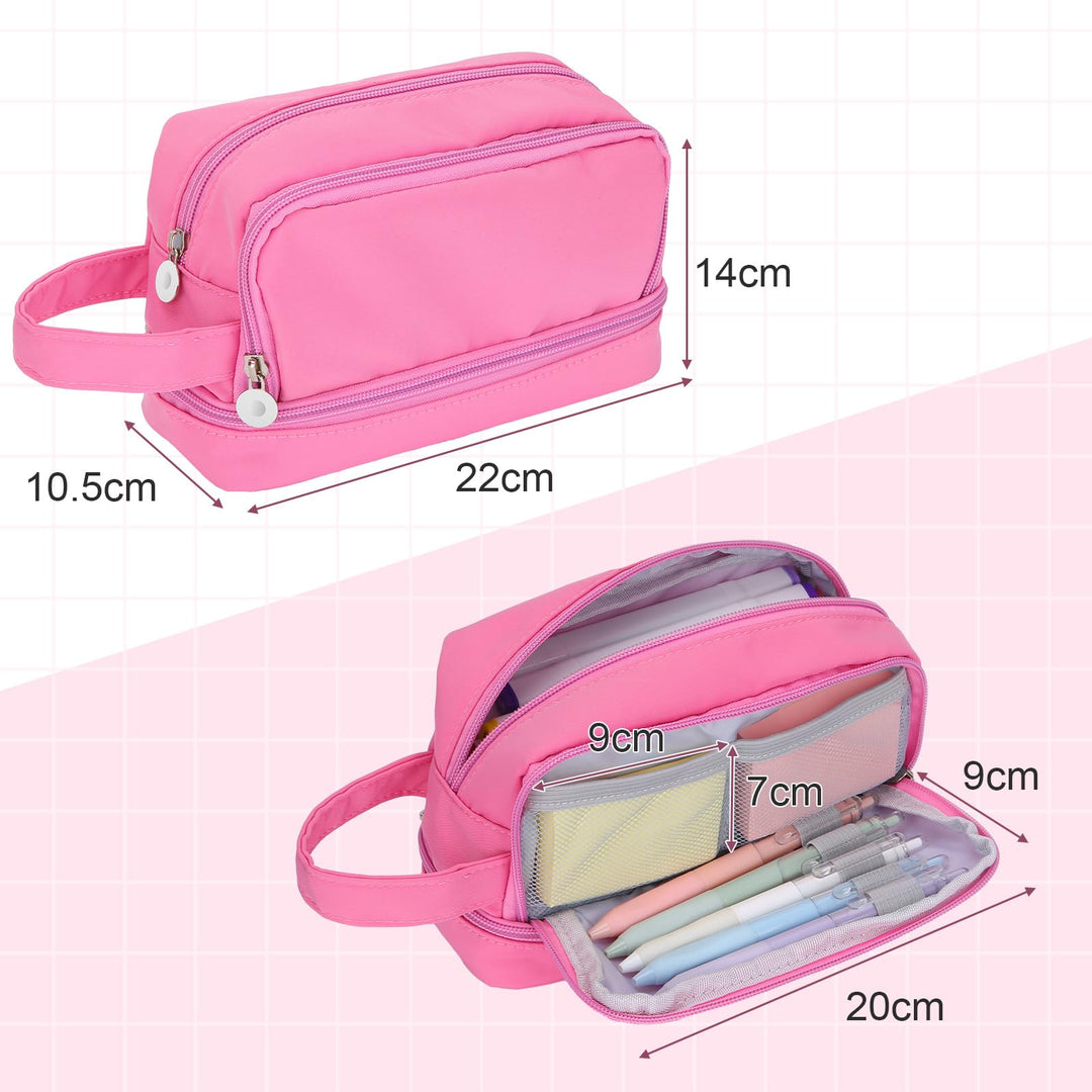 Alyvisun Large Capacity Pencil Case with 3 Compartments for Boys Girls, Desk Stationery Organizer Pencil Pouch with Handle, Portable Pencil Case for School Office Supplies (Pink)