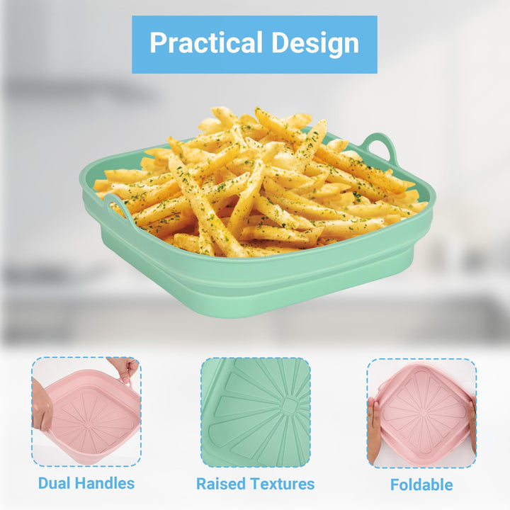 Alyvisun Silicone Air Fryer Liners 2PCS Reusable Airfryer Tray Foldable Kitchen Accessories Basket Versatile Square Baking Rack Pot for Microwave, Oven, Pink+Green