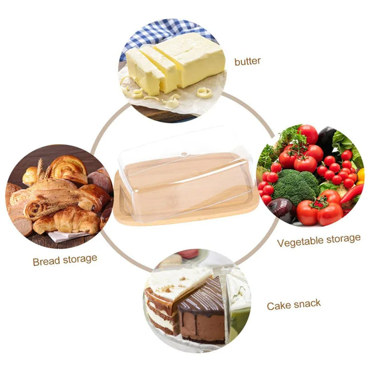 Bamboo Butter Dish Rectangular Cheese Storage Tray Plate Food Container With Glass Acrylic Lid Keeper Tool Kitchen Tableware
