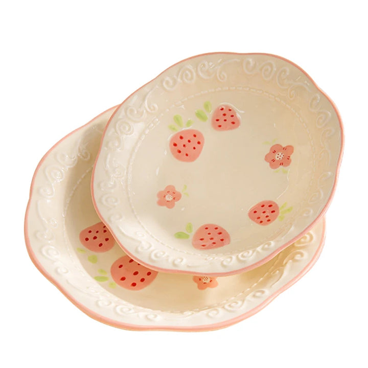 Relief Strawberry Print Ceramic Dish New Aesthetic Underglazed Colour Beautiful Kitchen Tableware Creative Pink Food Plates(Round)