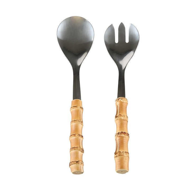 Kitchenware Tableware Cutlery Stainless Steel Wood Bamboo Root Handle Food Serving Salad Spork Server Fork Spoon