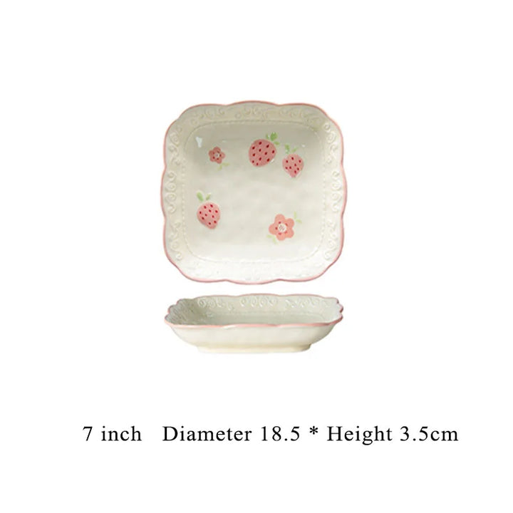 Relief Strawberry Print Ceramic Dish New Aesthetic Underglazed Colour Beautiful Kitchen Tableware Creative Pink Food Plates(square)