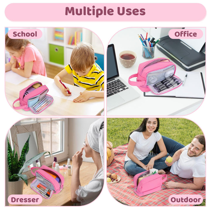 Alyvisun Large Capacity Pencil Case with 3 Compartments for Boys Girls, Desk Stationery Organizer Pencil Pouch with Handle, Portable Pencil Case for School Office Supplies (Pink)