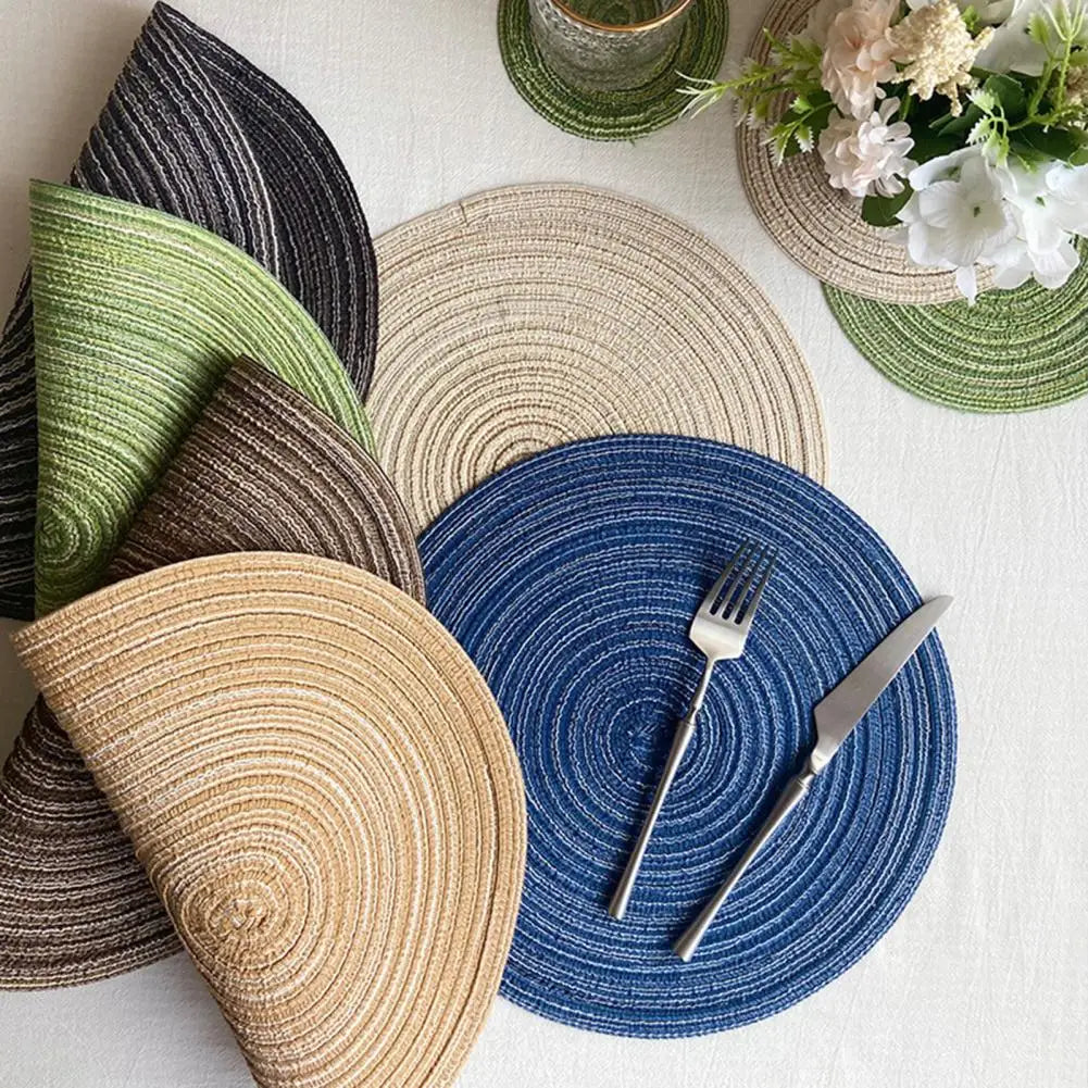 Braided Round Placemats Set of 6, Woven Washable Non-Slip Table Mats for Kitchen Dining, 15 Inch, Heat Resistant - Natural Fabric Indoor Outdoor Place Mats