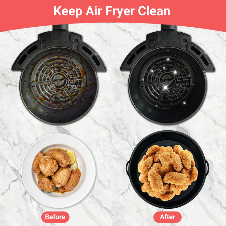 Alyvisun Air Fryer Silicone Liners 2PCS Reusable Airfryer Accessories Basket Foldable Baking Tray Inserts Versatile Round Rack Pot for Microwave, Oven, Black