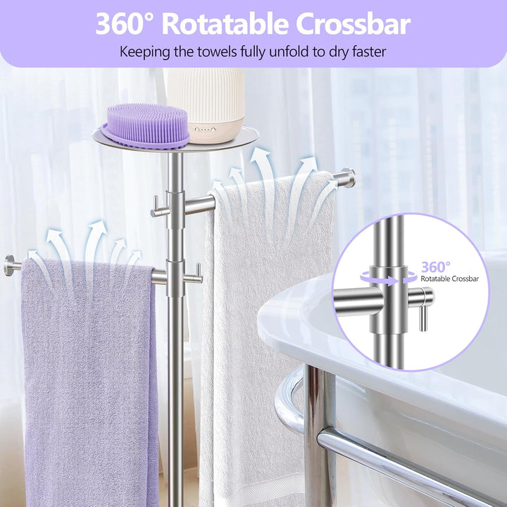 Alyvisun Bathroom Free Standing Towel Rail, Weighted-base Towel Rack with Tray and 2 Extendable Arms [Height Adjustable & 360° Rotatable], Stainless Steel Floor Standing Towel Drying Rack