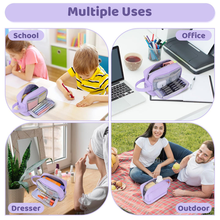 Alyvisun Large Capacity Pencil Case with 3 Compartments for Boys Girls, Desk Stationery Organizer Pencil Pouch with Handle, Portable Pencil Case for School Office Supplies (Purple)