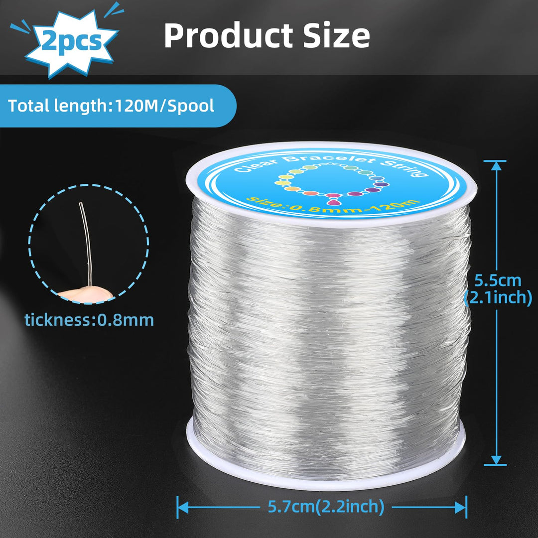 Alyvisun Clear Elastic String for Bracelet Making, 2 Rolls 0.8mm, 120m/Spool - Suitable for DIY Jewelry Making, Necklaces, Bracelets, Crafts