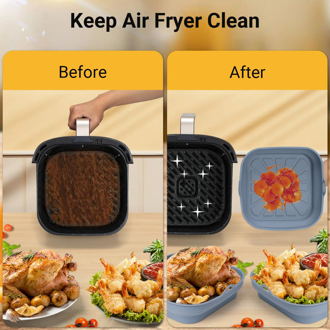 Alyvisun Air Fryer Liners 3PCS Reusable Silicone Tray Foldable Kitchen Basket Versatile Square Baking Pot Accessories for Airfryer, Microwave, Oven, Grey