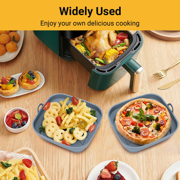 Alyvisun Air Fryer Liners 3PCS Reusable Silicone Tray Foldable Kitchen Basket Versatile Square Baking Pot Accessories for Airfryer, Microwave, Oven, Grey
