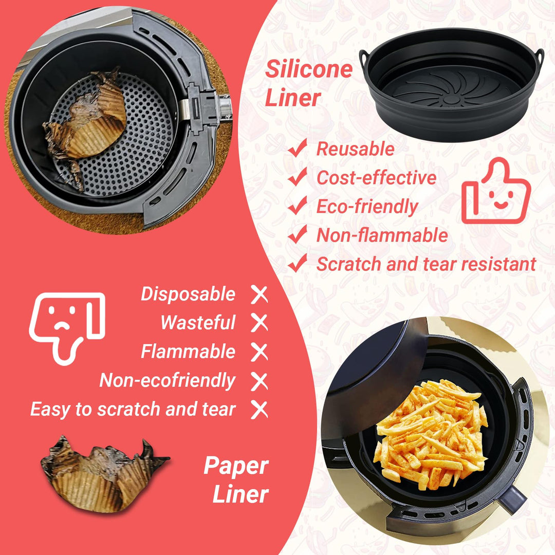 Alyvisun Air Fryer Silicone Liners 2PCS Reusable Airfryer Accessories Basket Foldable Baking Tray Inserts Versatile Round Rack Pot for Microwave, Oven, Black