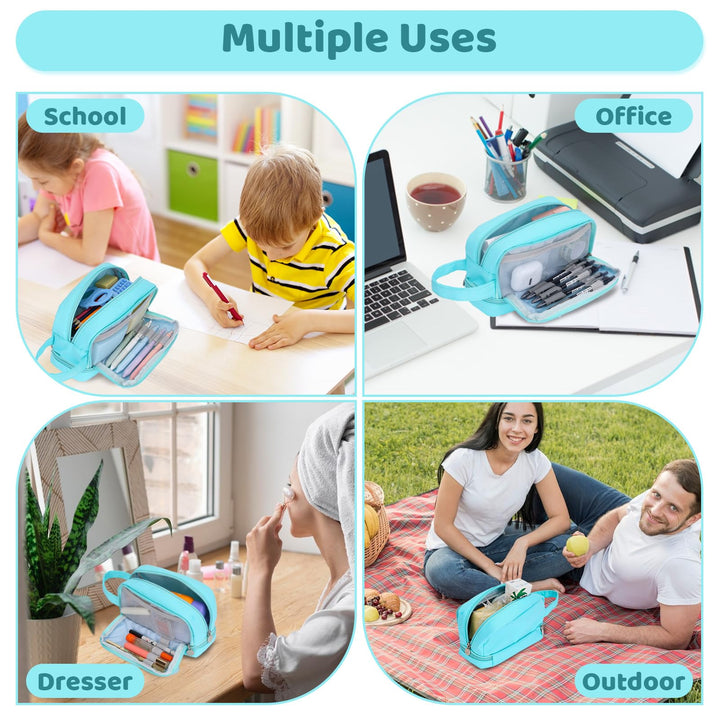 Alyvisun Large Capacity Pencil Case with 3 Compartments for Boys Girls, Desk Stationery Organizer Pencil Pouch with Handle, Portable Pencil Case for School Office Supplies (Blue)