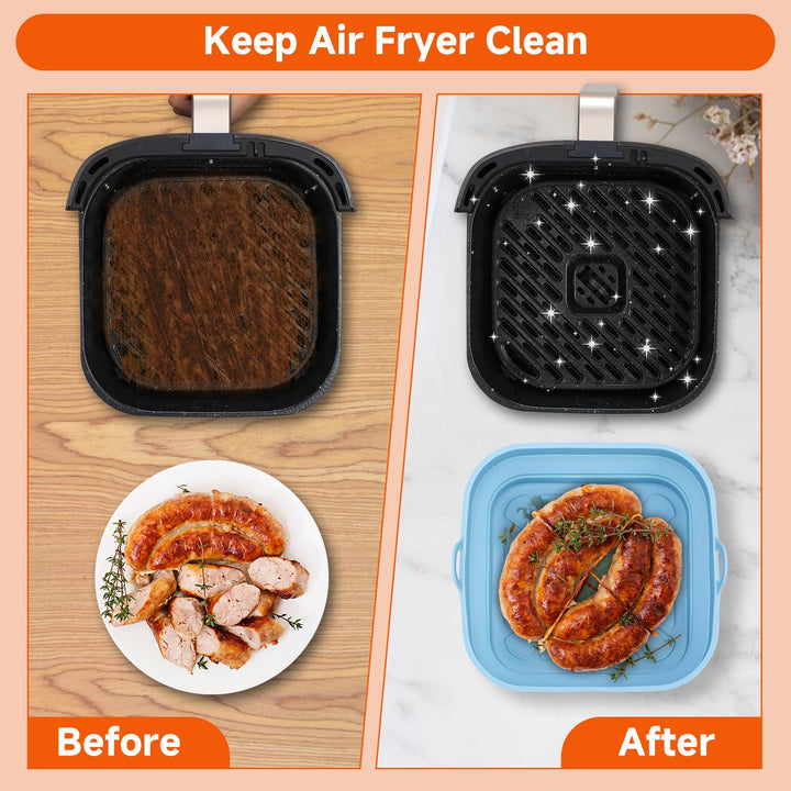 Alyvisun Air Fryer Liners 3PCS Reusable Silicone Tray Foldable Kitchen Basket Versatile Square Baking Pot Accessories for Airfryer, Microwave, Oven, Red+Black+Sky Blue