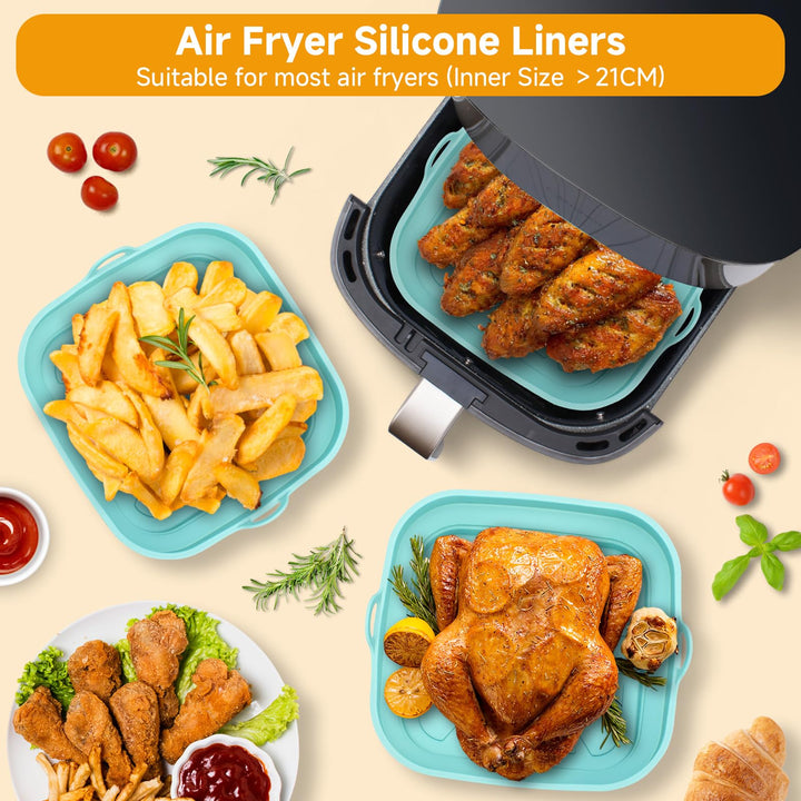 Alyvisun Air Fryer Liners 3PCS Reusable Silicone Tray Foldable Kitchen Basket Versatile Square Baking Pot Accessories for Airfryer, Microwave, Oven, Blue