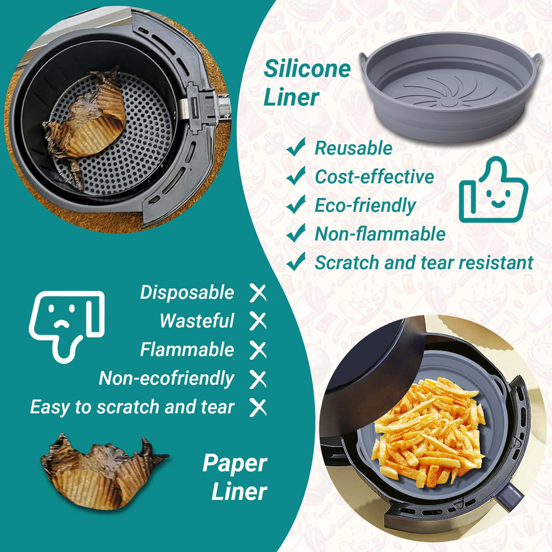 Alyvisun Air Fryer Silicone Liners 2PCS Reusable Airfryer Accessories Basket Foldable Baking Tray Inserts Versatile Round Rack Pot for Microwave, Oven (Grey)