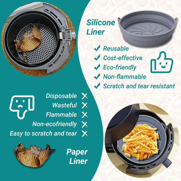 Alyvisun Air Fryer Silicone Liners 2PCS Reusable Airfryer Accessories Basket Foldable Baking Tray Inserts Versatile Round Rack Pot for Microwave, Oven (Grey)