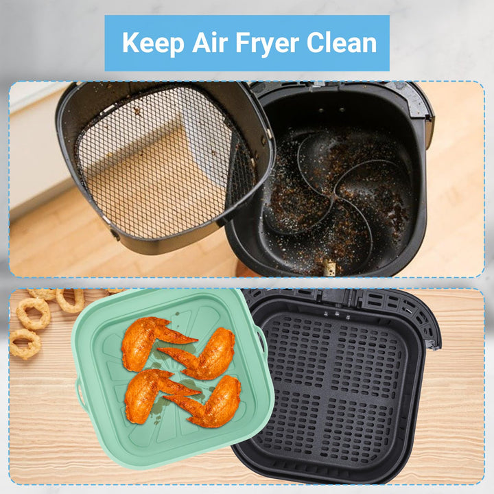 Alyvisun Silicone Air Fryer Liners 2PCS Reusable Airfryer Tray Foldable Kitchen Accessories Basket Versatile Square Baking Rack Pot for Microwave, Oven, Pink+Green