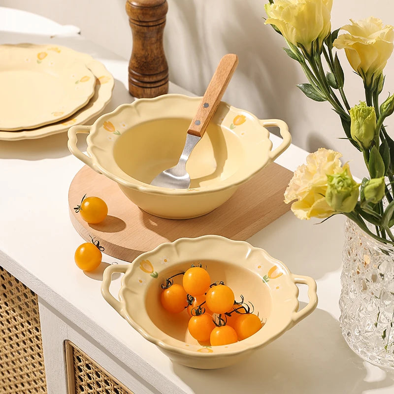 French Style 8.5-Inch Spaghetti Ceramic Bowl – Daily Use Cute Solid Color Bowl with Flower Pattern, Ideal for Restaurant, Fruit, and Breakfast Tableware