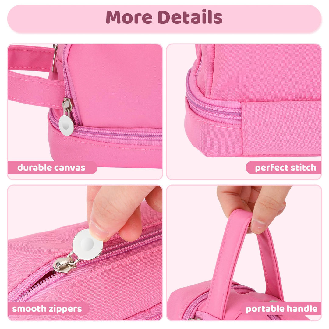 Alyvisun Large Capacity Pencil Case with 3 Compartments for Boys Girls, Desk Stationery Organizer Pencil Pouch with Handle, Portable Pencil Case for School Office Supplies (Pink)