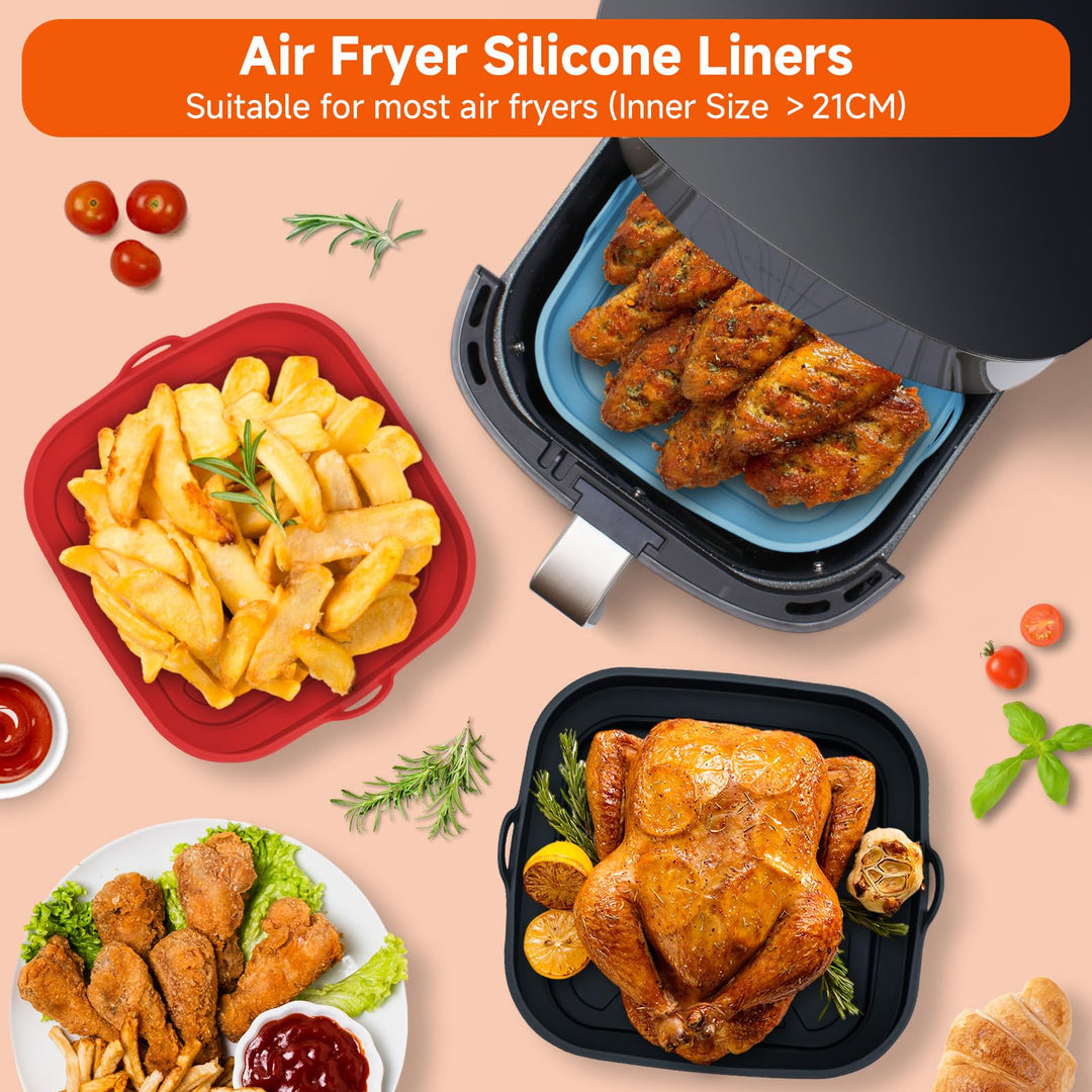 Alyvisun Air Fryer Liners 3PCS Reusable Silicone Tray Foldable Kitchen Basket Versatile Square Baking Pot Accessories for Airfryer, Microwave, Oven, Red+Black+Sky Blue