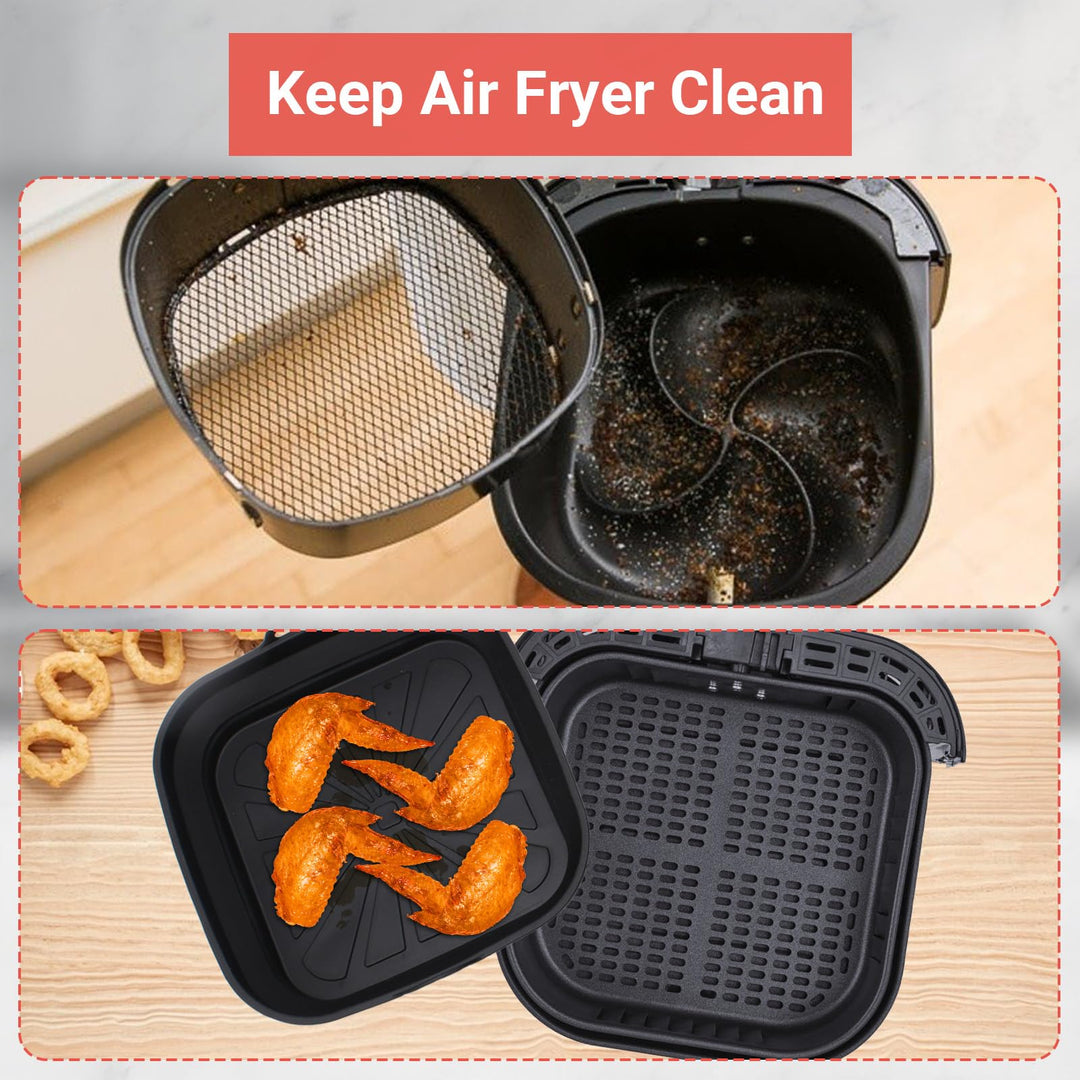 Alyvisun Silicone Air Fryer Liners 2PCS Reusable Airfryer Tray Foldable Kitchen Accessories Basket Versatile Square Baking Rack Pot for Microwave, Oven, Black+Black