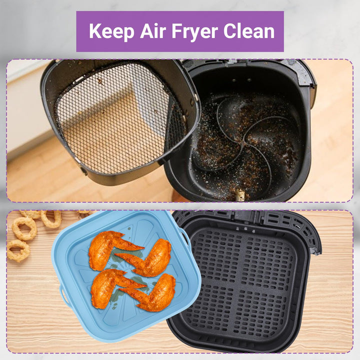 Alyvisun Silicone Air Fryer Liners 2PCS Reusable Airfryer Tray Foldable Kitchen Accessories Basket Versatile Square Baking Rack Pot for Microwave, Oven, Red+Sky Blue