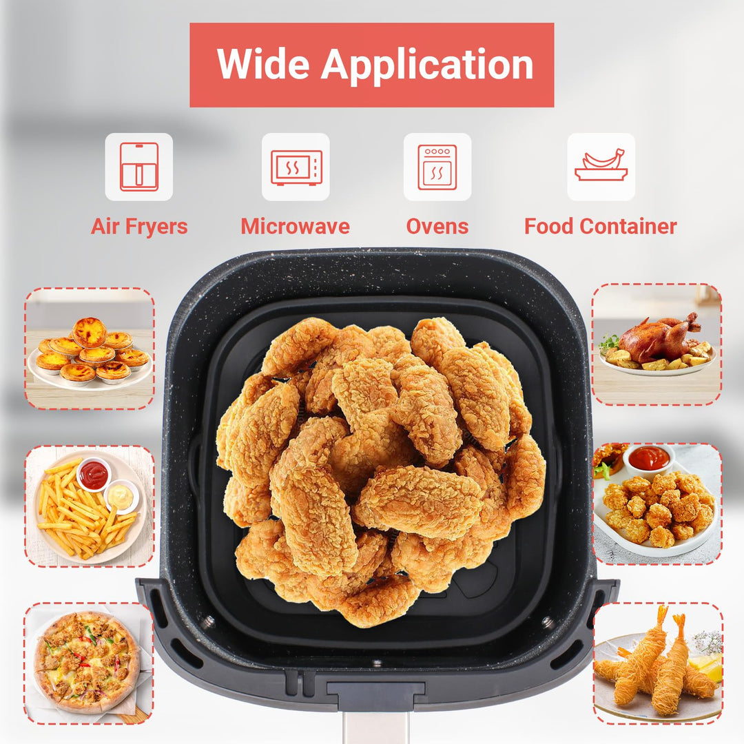 Alyvisun Silicone Air Fryer Liners 2PCS Reusable Airfryer Tray Foldable Kitchen Accessories Basket Versatile Square Baking Rack Pot for Microwave, Oven, Black+Black