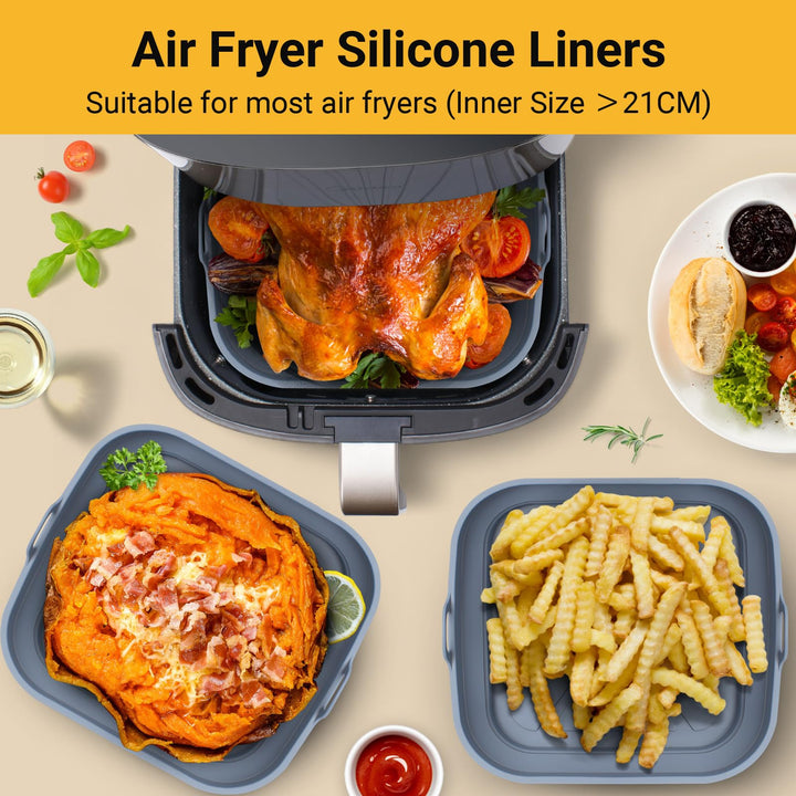 Alyvisun Air Fryer Liners 3PCS Reusable Silicone Tray Foldable Kitchen Basket Versatile Square Baking Pot Accessories for Airfryer, Microwave, Oven, Grey