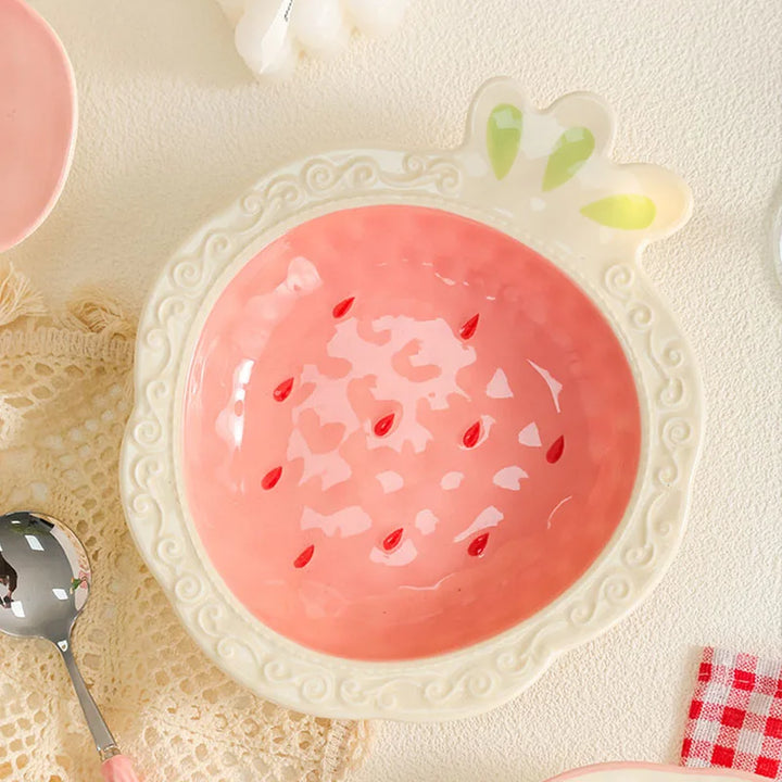 Relief Strawberry Print Ceramic Dish New Aesthetic Underglazed Colour Beautiful Kitchen Tableware Creative Pink Food Plates(Strawberry shape)