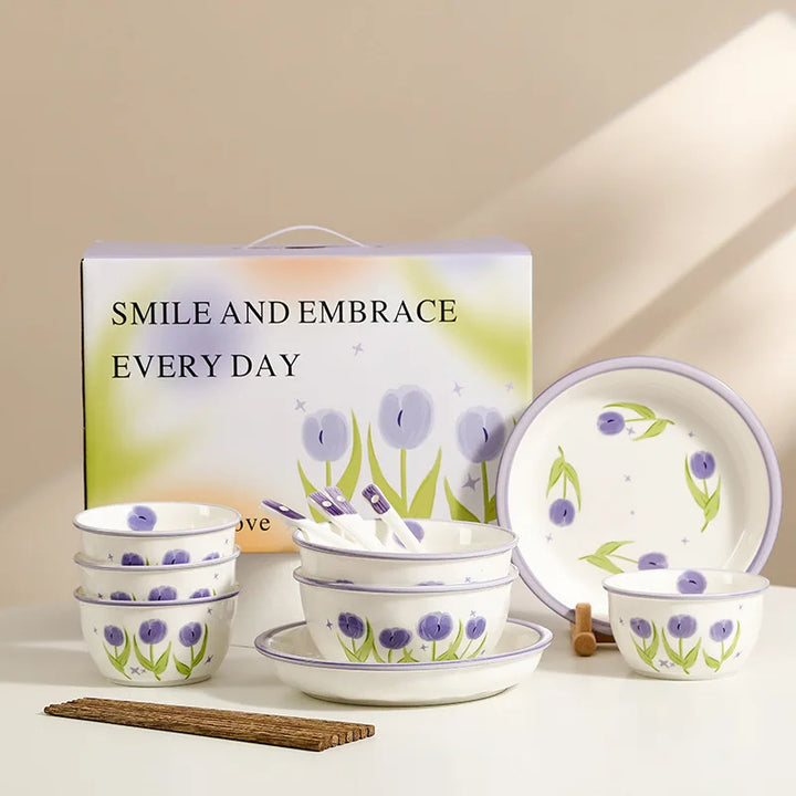 Tulip Nordic Style Tableware Set Printed Ceramic Bowl and Dish Gift Box for Four People