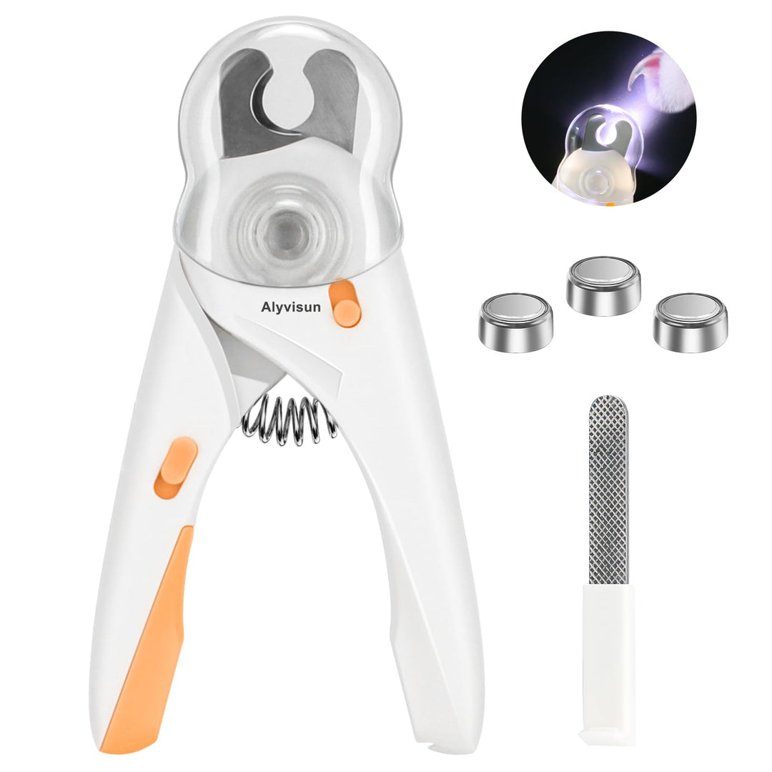 Alyvisun Dog Nail Clippers, Cat Nail Clippers with High LED Lighting, Safety Guard, Nail File and Transparent Splash Guard, for Large, Medium and Small Animals（White Orange）