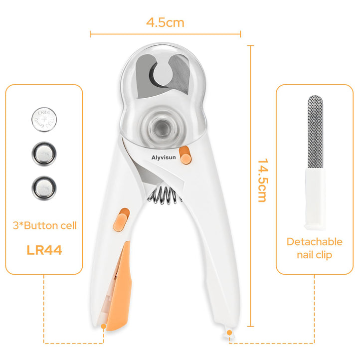 Alyvisun Dog Nail Clippers, Cat Nail Clippers with High LED Lighting, Safety Guard, Nail File and Transparent Splash Guard, for Large, Medium and Small Animals（White Orange）