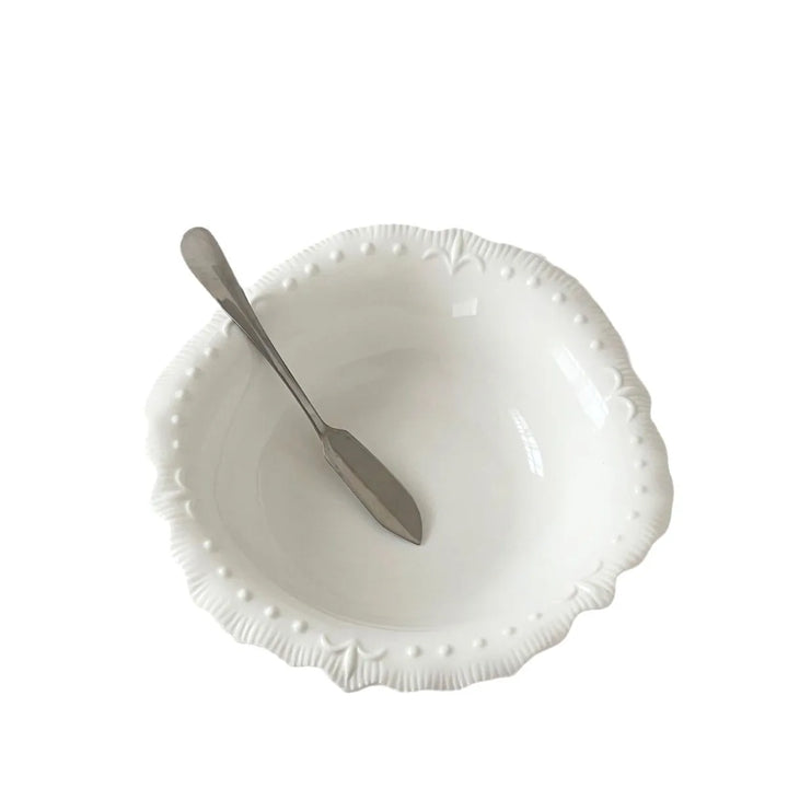 French Style Embossed Lace Ceramic Bowl Household Solid Color Round Simple Fruit Bowl Western Restaurant Salad Tablewares