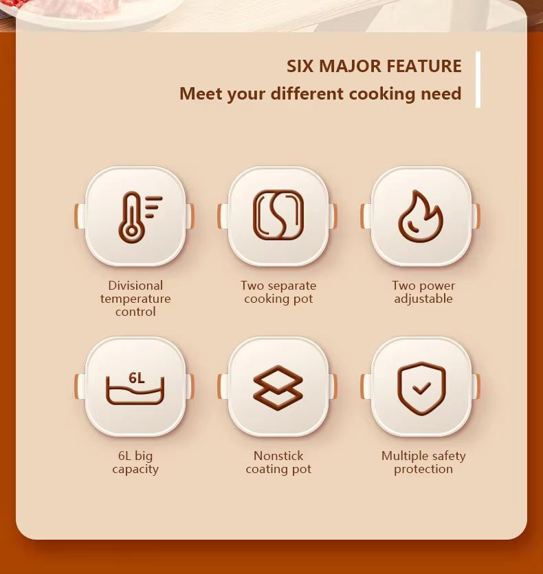 Multifunctional Electric Cooker Dual-Bowl Hot Pot Nonstick Adjustable Temperature Split Bowl Hot Pot